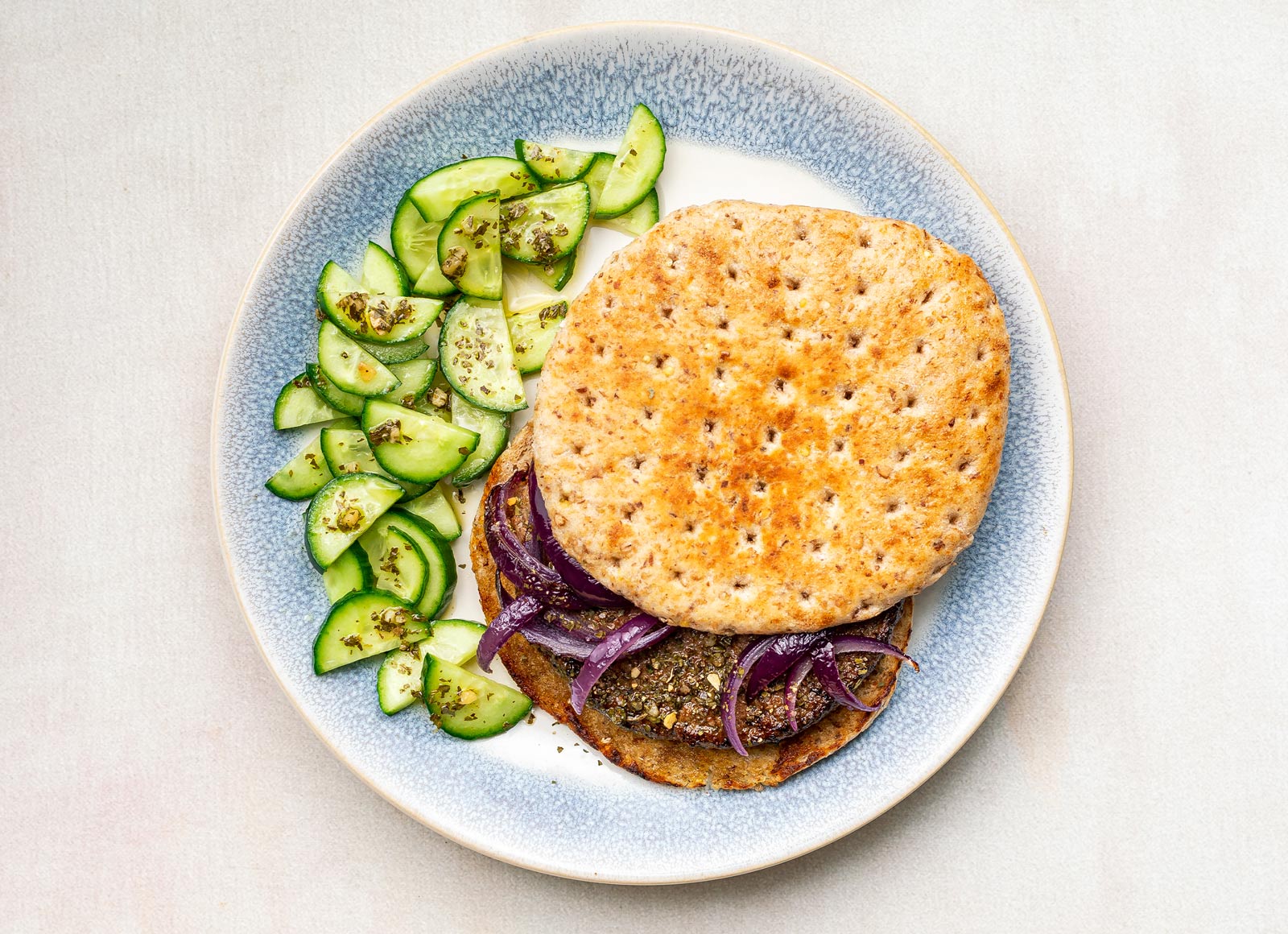 Balsamic Onion Burger + Cucumber Salad with Ground Beef Patties