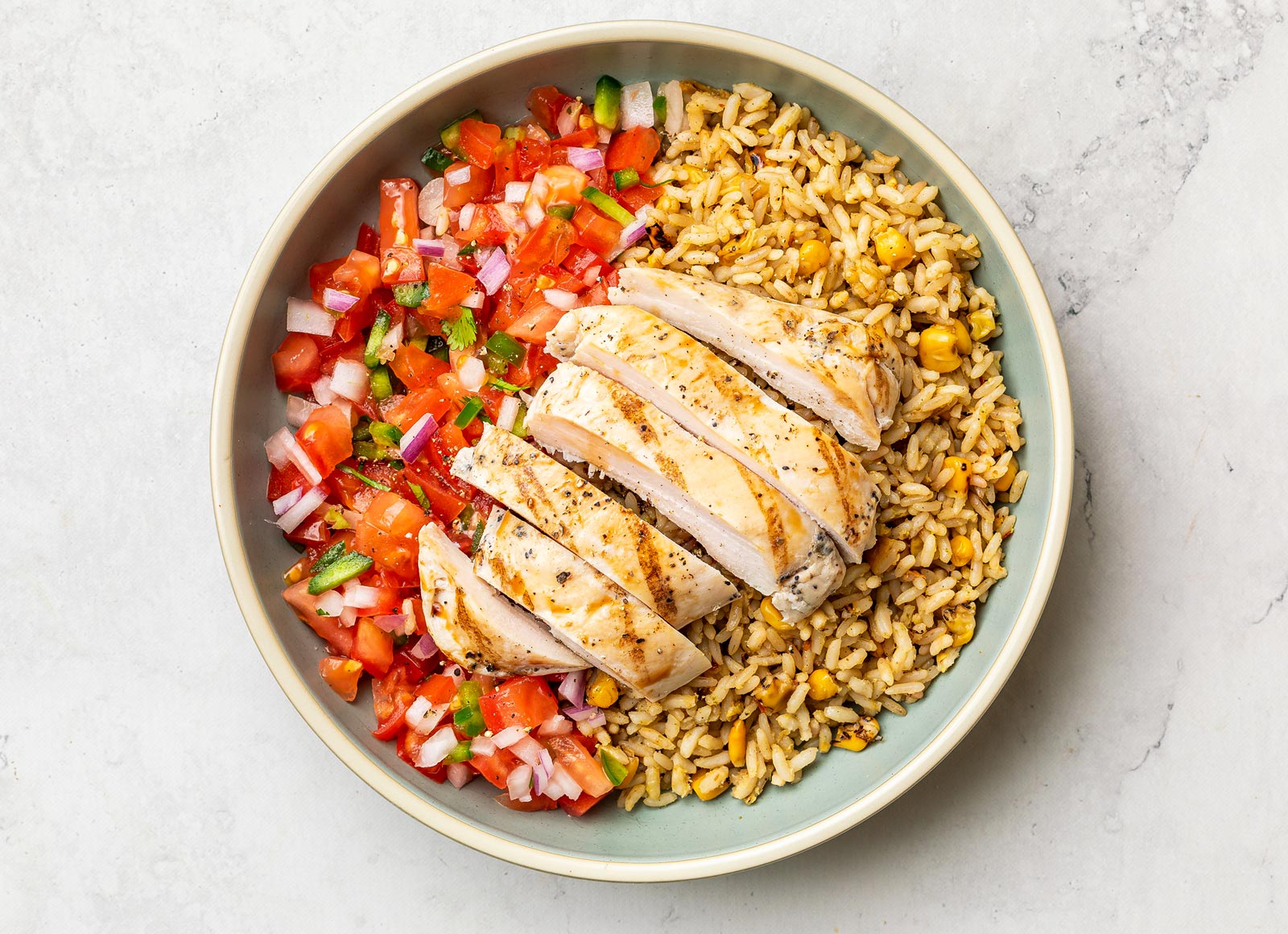 Seasoned Grilled Chicken Breast + Street Corn Rice Bowl with Fresh Salsa