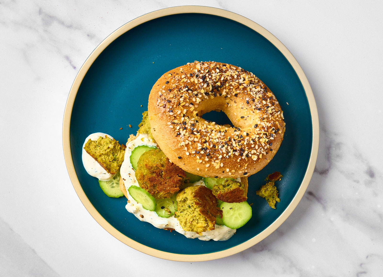 Mediterranean Falafel Bagel with Feta Cucumber Tzatziki Dip