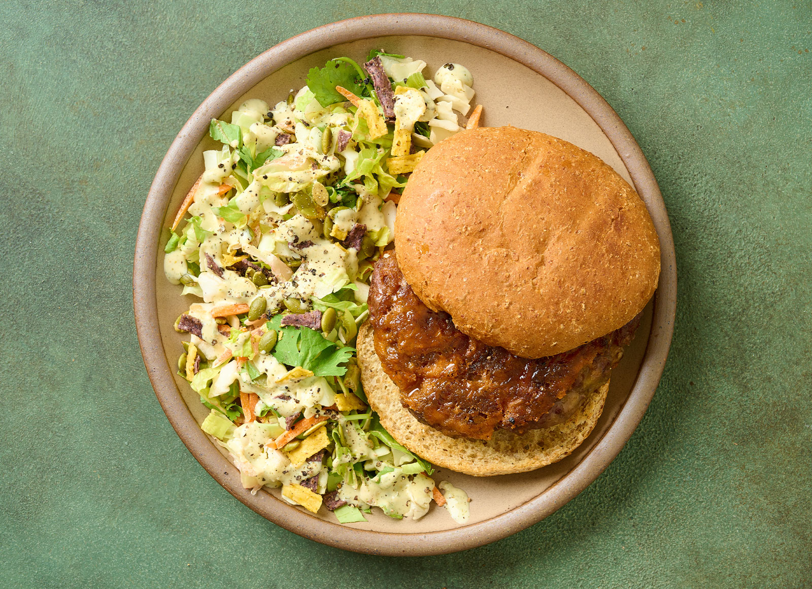 Bacon + Cheddar Beef Burger with Southwestern Salad