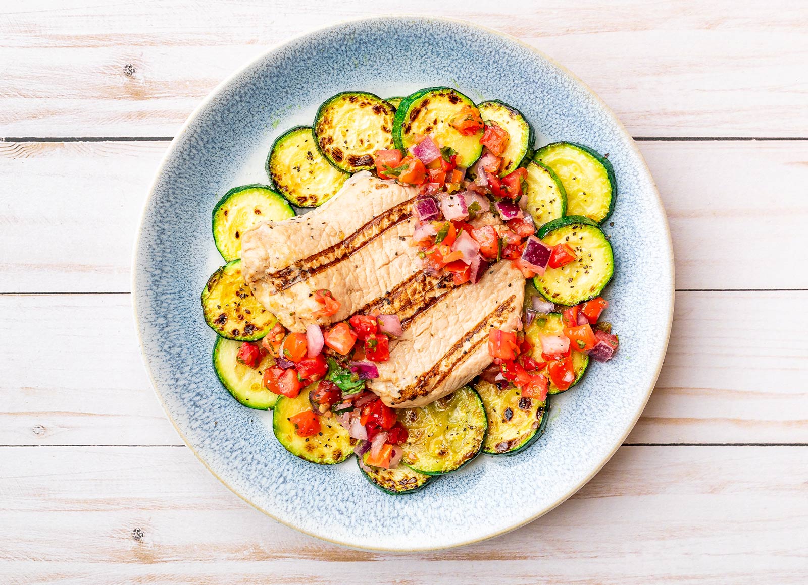 Grilled Pork Chops with Zucchini + Fresh Salsa