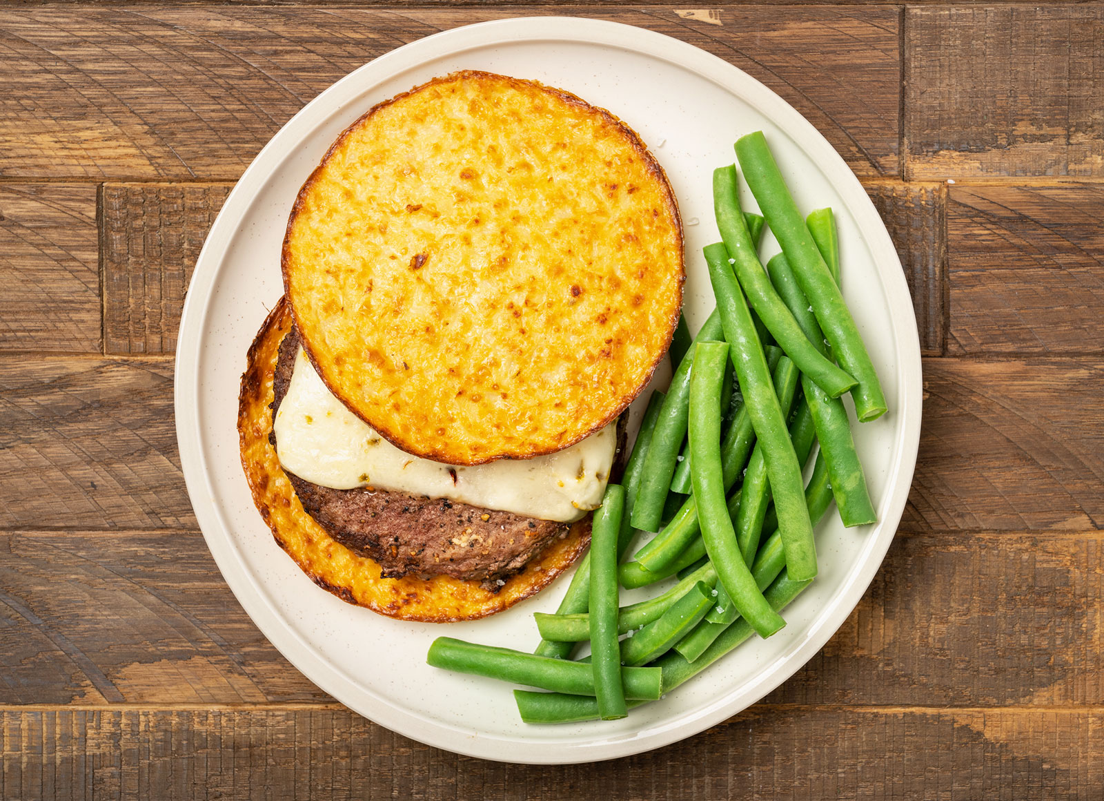Cauli-Bun Cheeseburger + Green Beans with Ground Beef Patties
