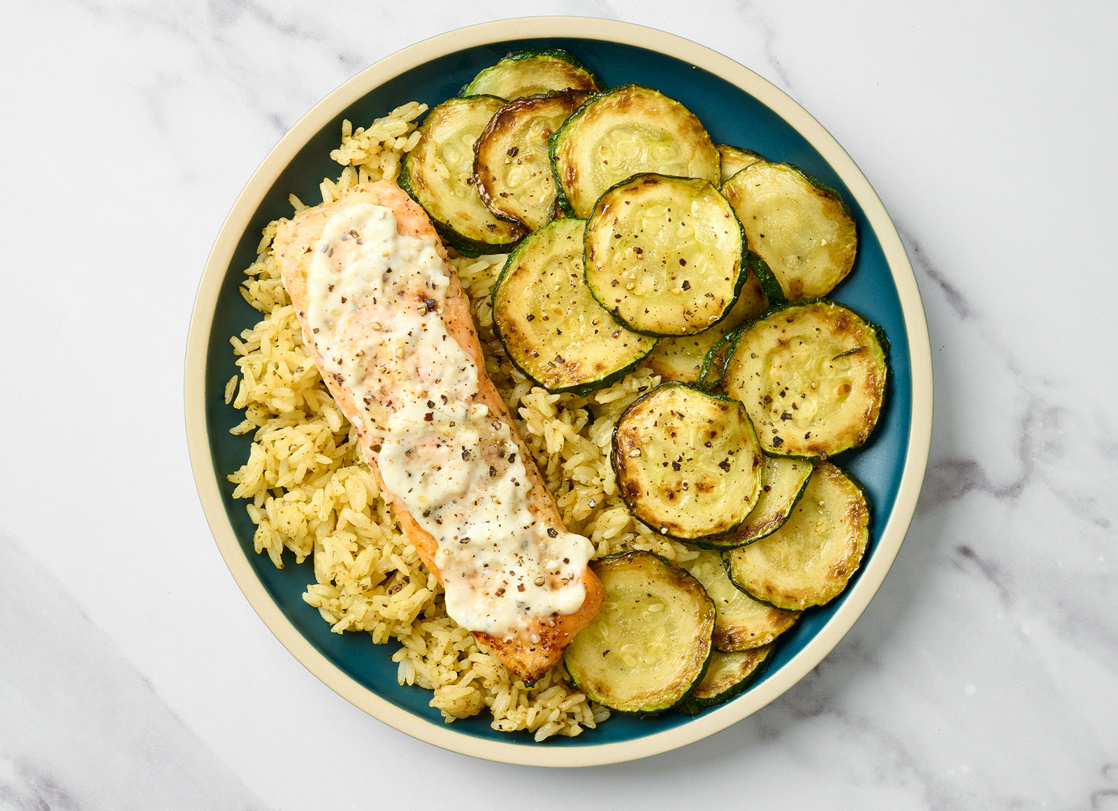 Roasted Salmon with Zucchini + Garlic Sauce with Seasoned Jasmine Rice