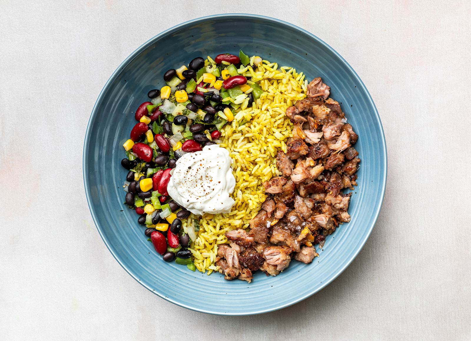 Creamy Carnitas Burrito Bowl with Seasoned Jasmine Rice