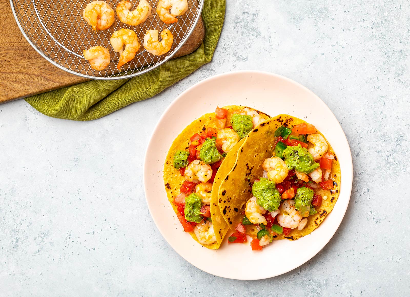 Air Fryer Shrimp + Guacamole Tacos