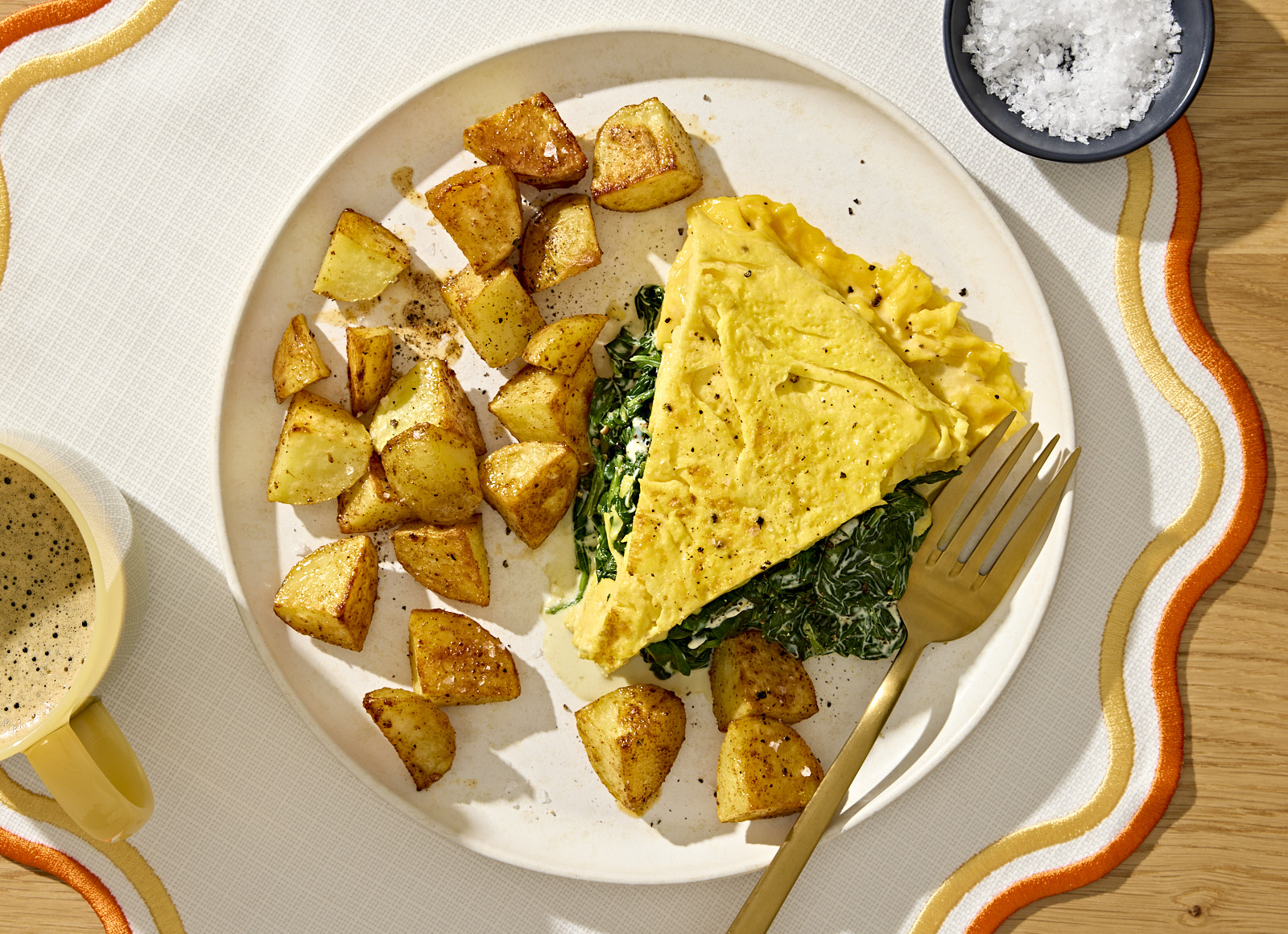 America's Test Kitchen Family-Size Spinach + Herb Cream Cheese Omelet with Home Fries