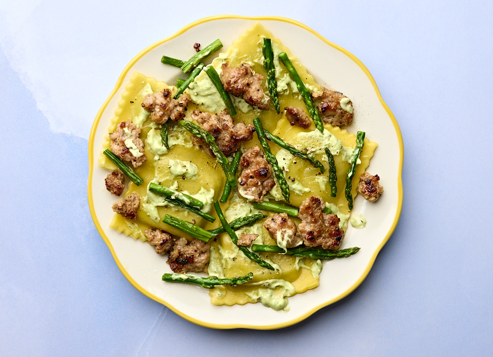 Green Goddess Asparagus + Sweet Italian Pork Sausage Ravioli