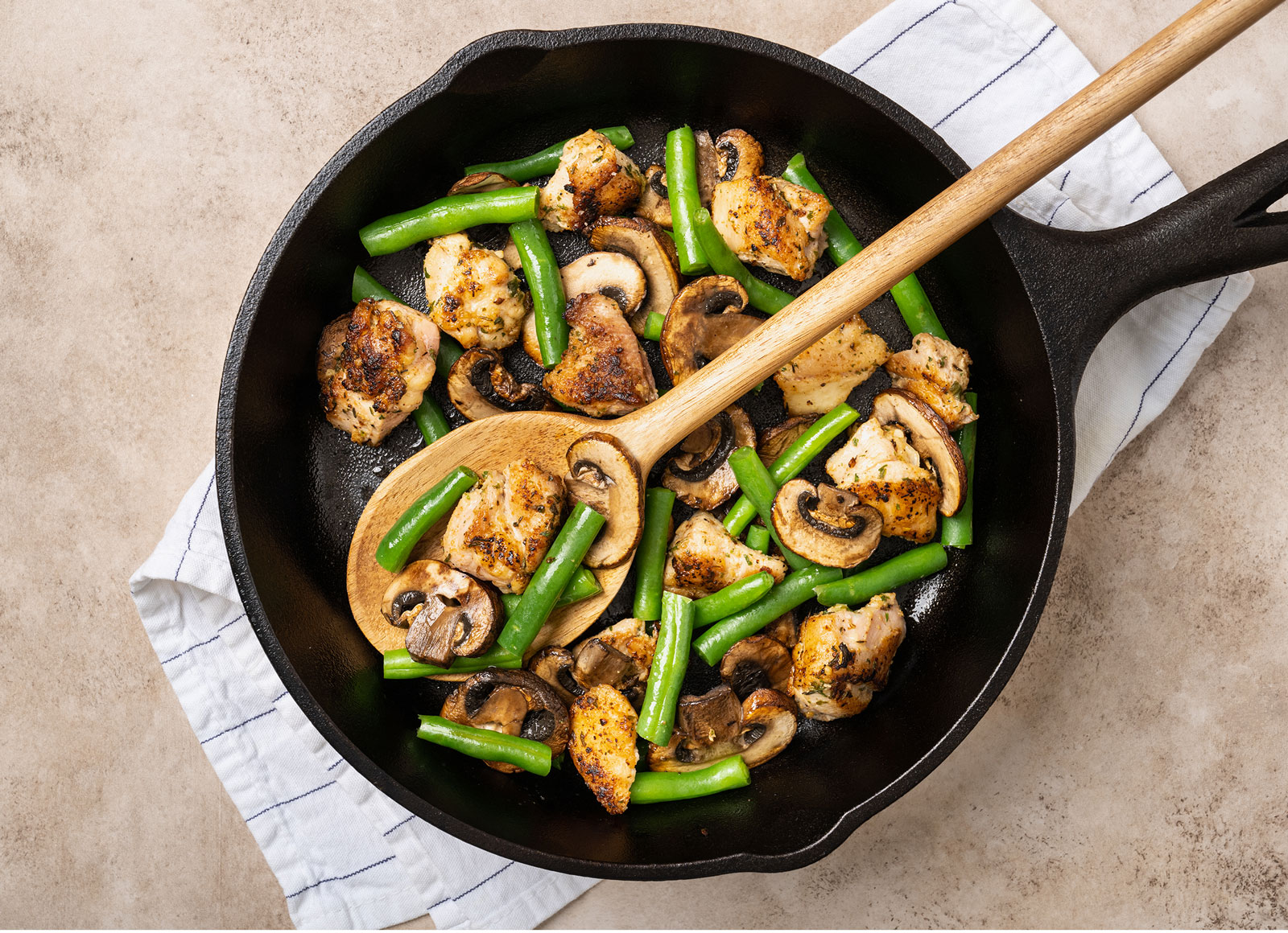 Garlicky Chicken, Green Bean + Mushroom Skillet
