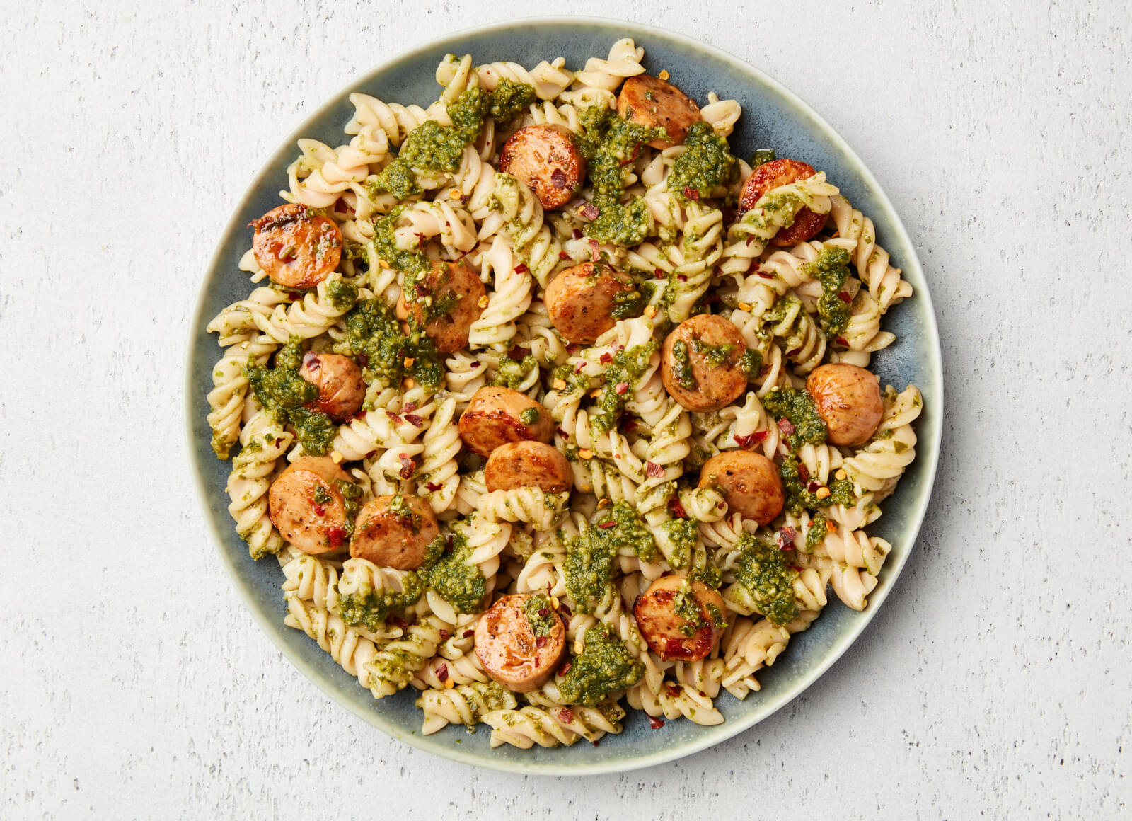 Sweet Sausage Fusilli with Kale Pesto