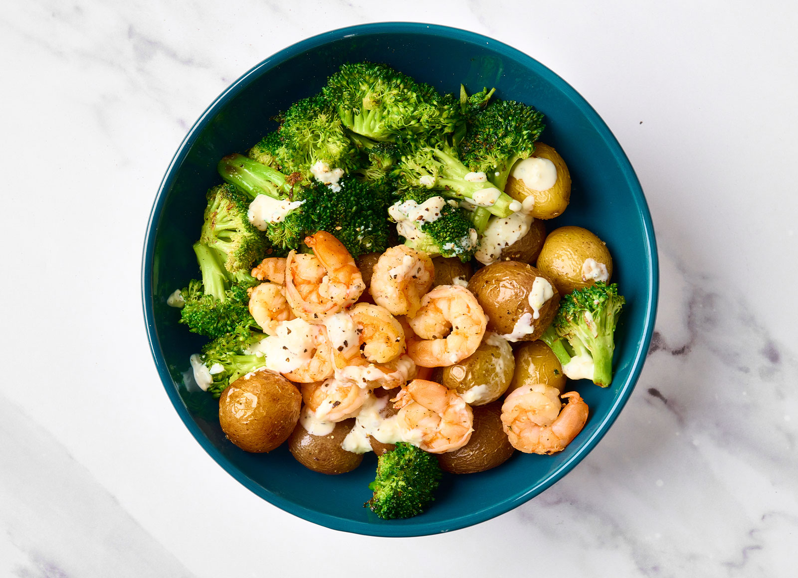 Garlicky Shrimp + Broccoli Florets Potato Bowl