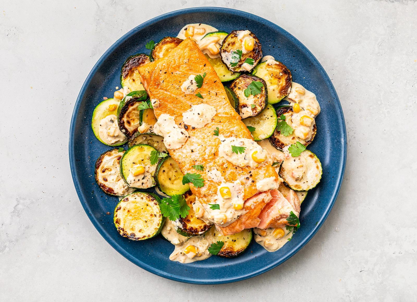 Salmon + Zucchini Bake with Mexican Street Corn and Fresh Cilantro