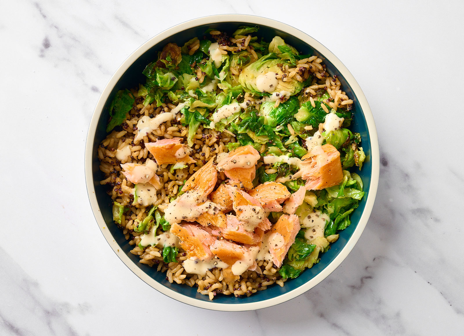 Garlicky Roasted Salmon + Crispy Brussels Bowl with Brown Rice Quinoa Blend