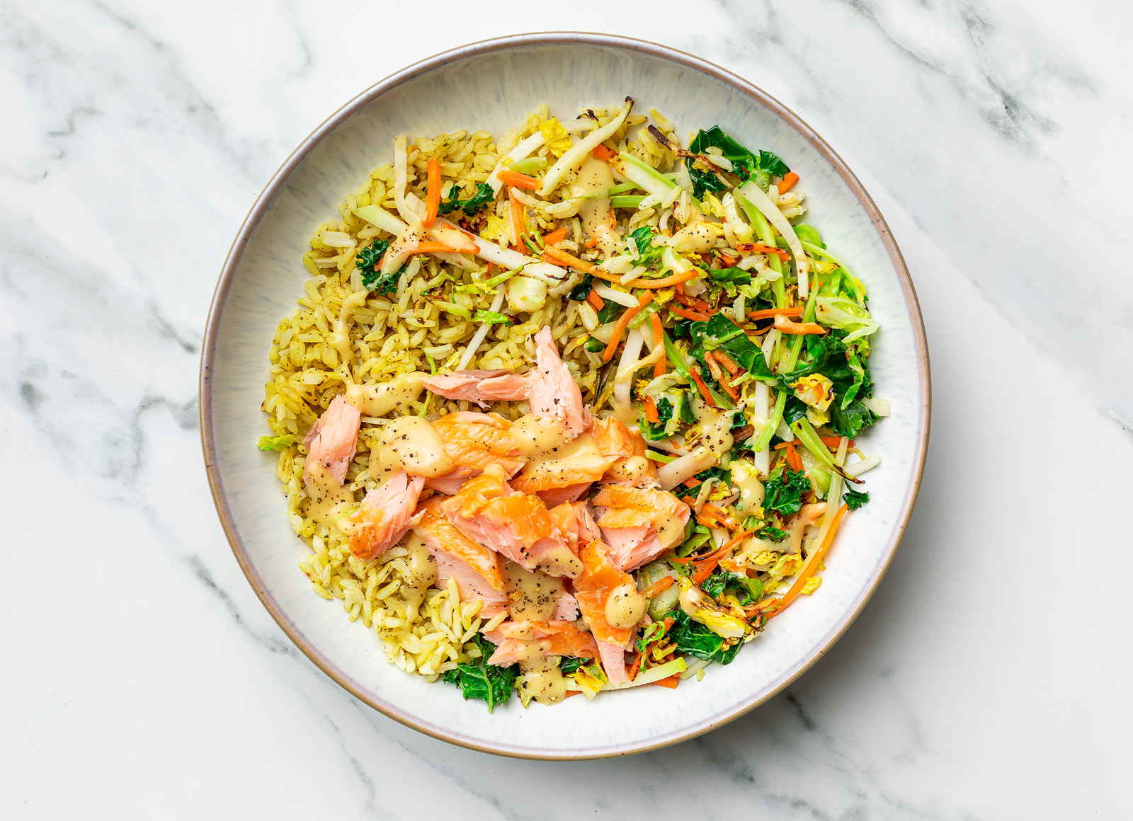Roasted Salmon + Crunchy Veggie Seasoned Jasmine Rice Bowl
