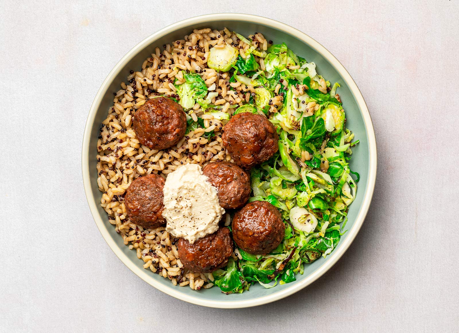 Hummus Rice Herby Zesty Lemon Garlic Hummus Beyond Meatball + Rice Bowl | Hungryroot