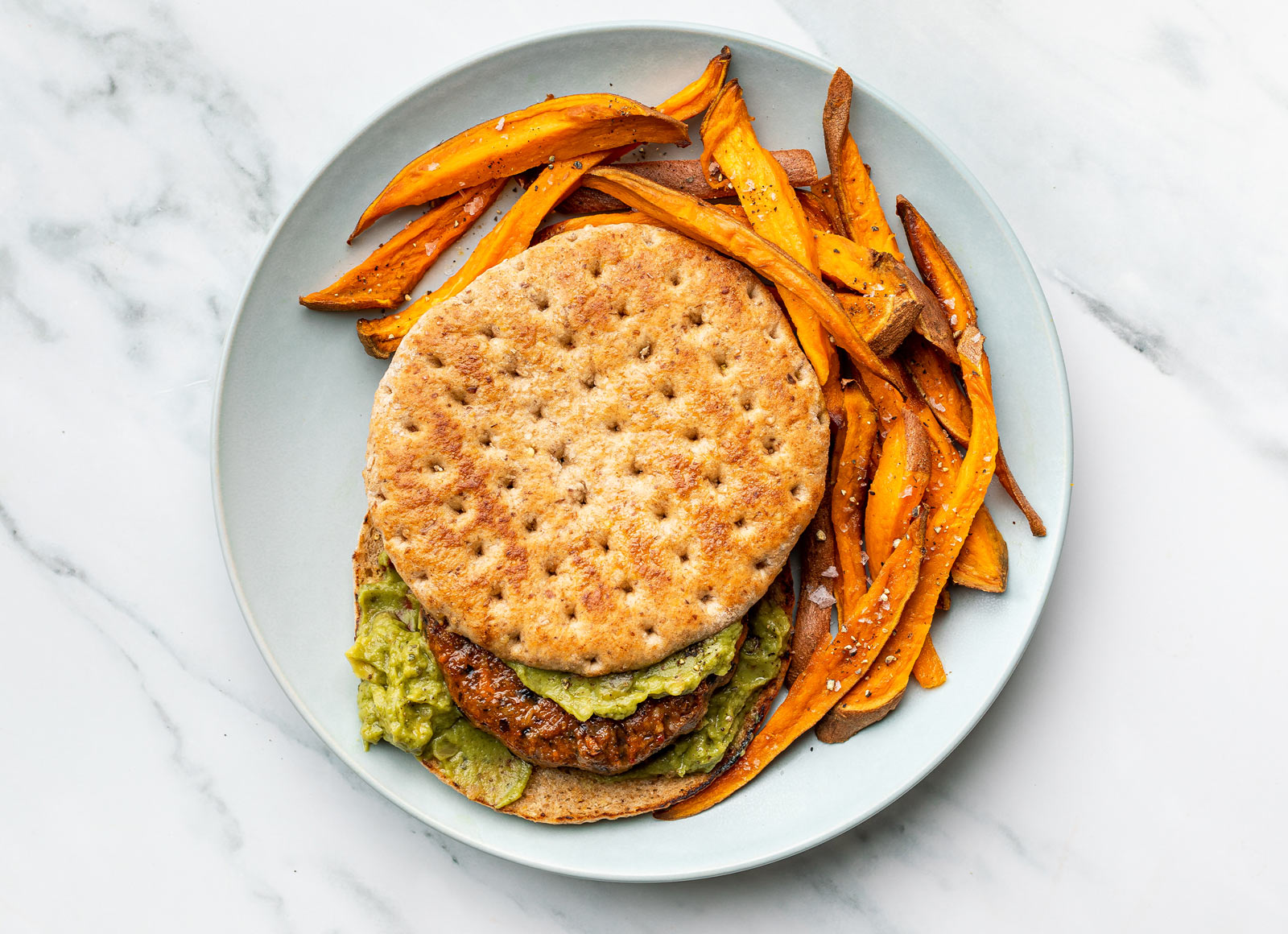 Guac Veggie Black Bean Burger Patties + Sweet Potato Fries