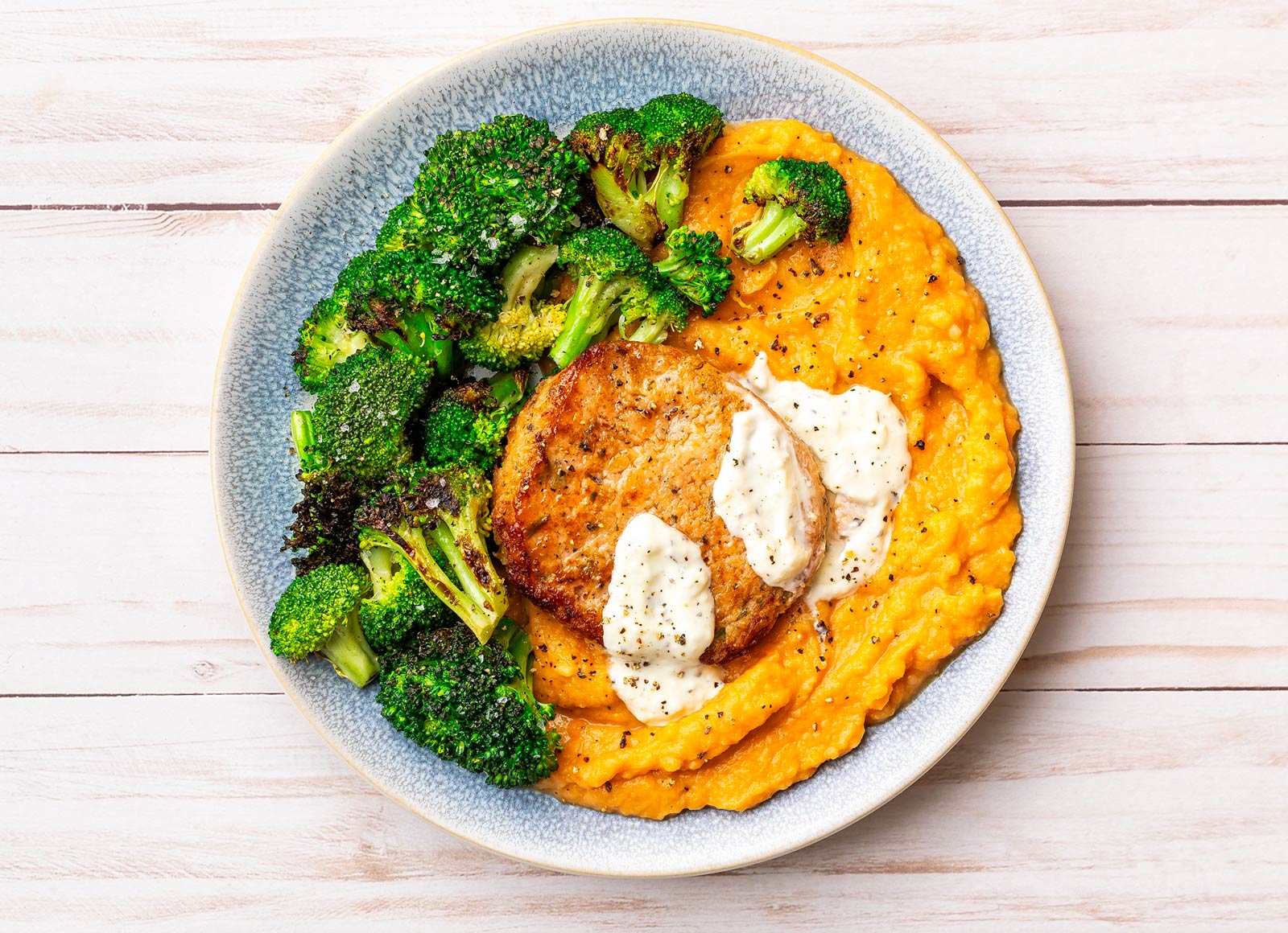 Garlicky Snow Crab Cakes with Sweet Potato Mash
