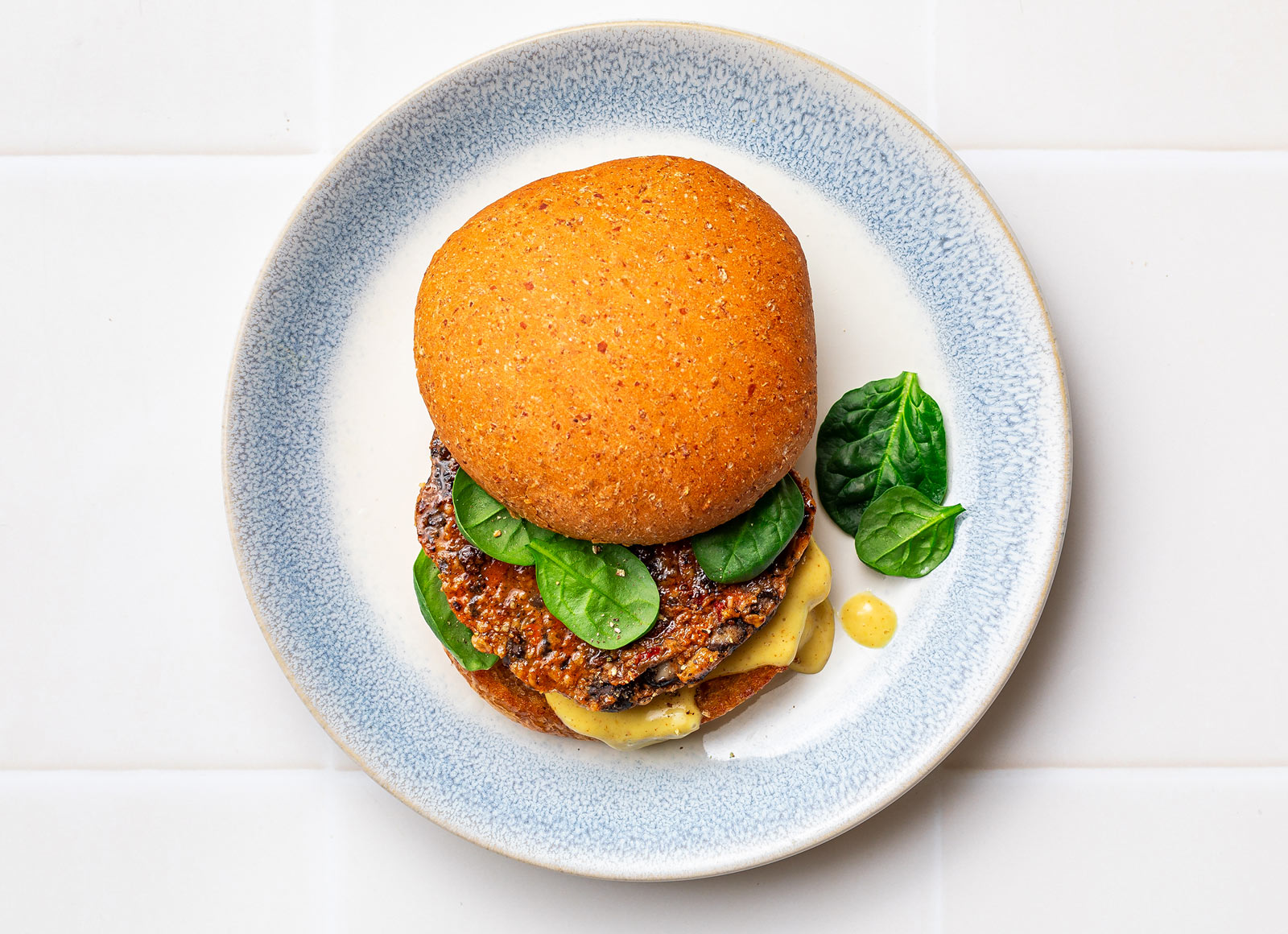 Whole Grain Black Bean + Honey Mustard Burger with Baby Spinach