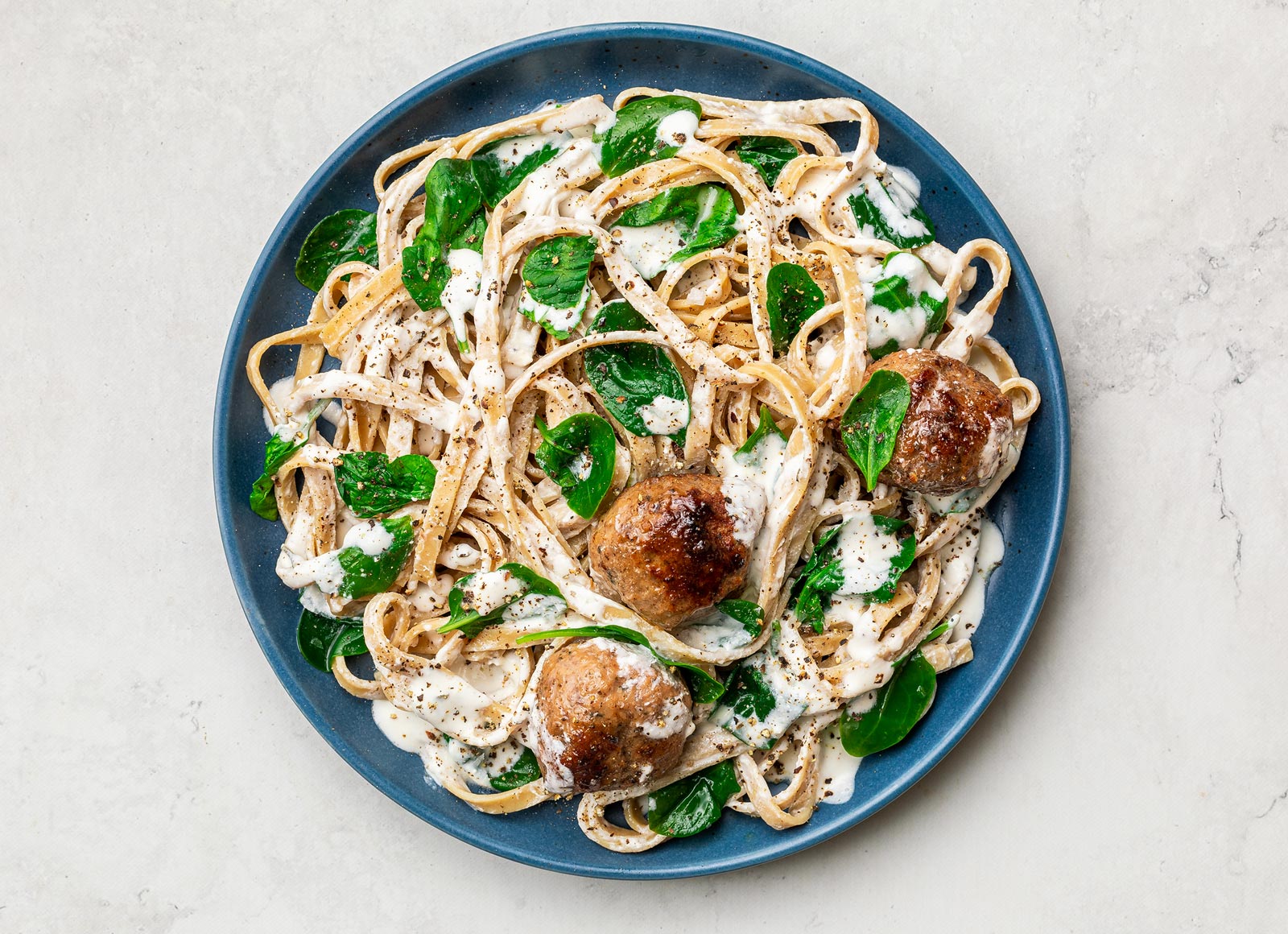 Creamy Grass-Fed Meatball Alfredo Linguine