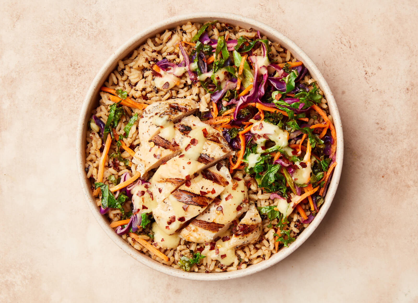 Grilled Seasoned Chicken Breast Rainbow Veggie Rice Bowl