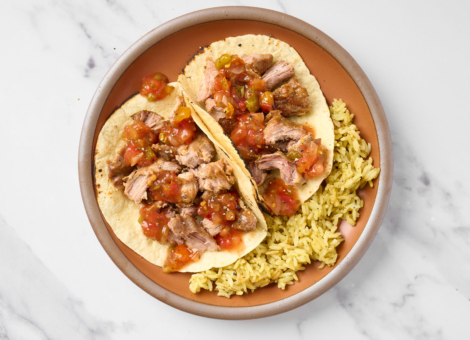 Kalua Pork Tacos + Pico de Gallo with Seasoned Jasmine Rice