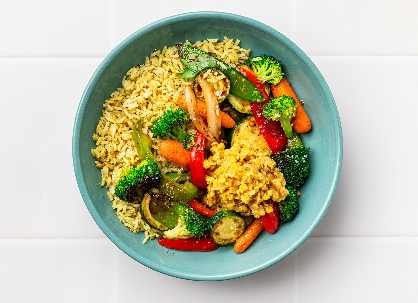 Red Lentil Dal + Bell Pepper Grain Bowl with Seasoned Jasmine Rice