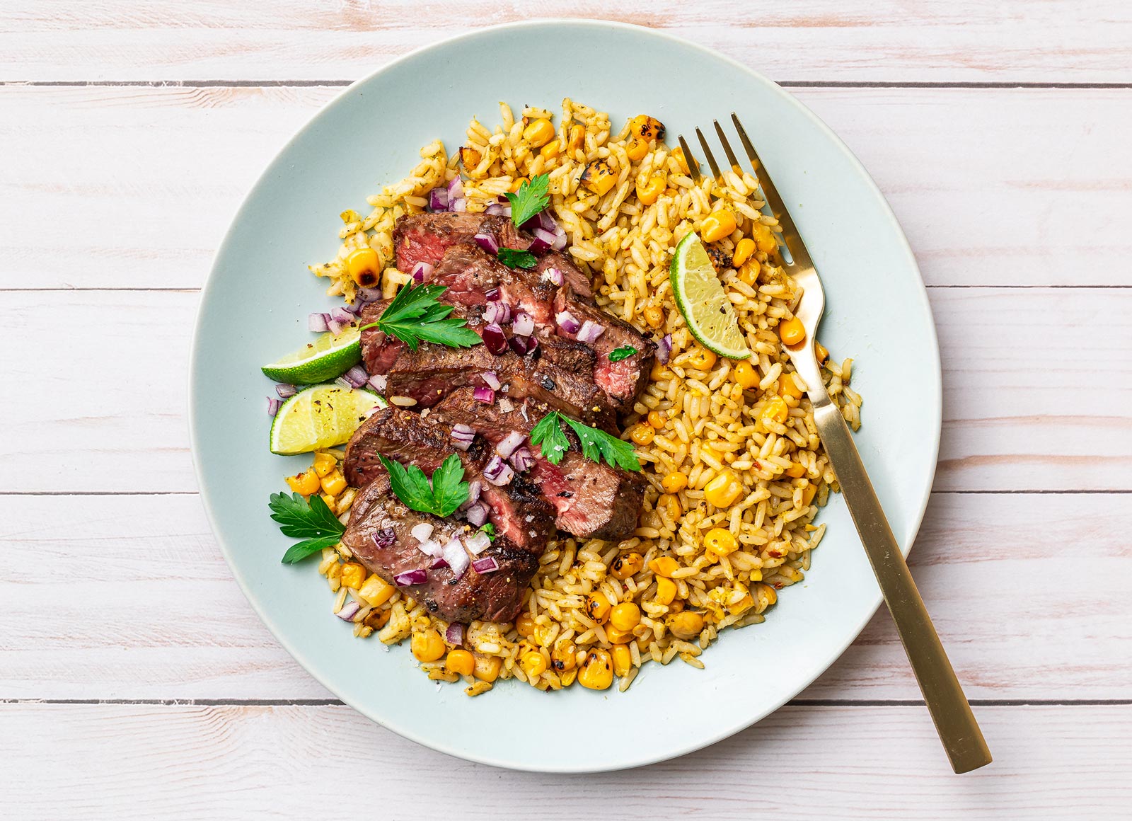 Pepper Garlic Beef Sirloin Steak Salsa Verde + Rice