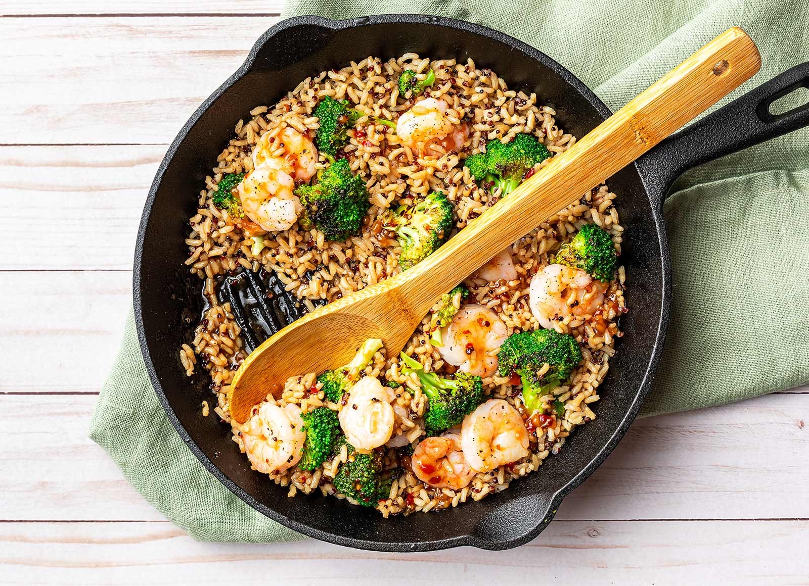Takeout-Style Gulf Shrimp + Broccoli Florets over Brown Rice