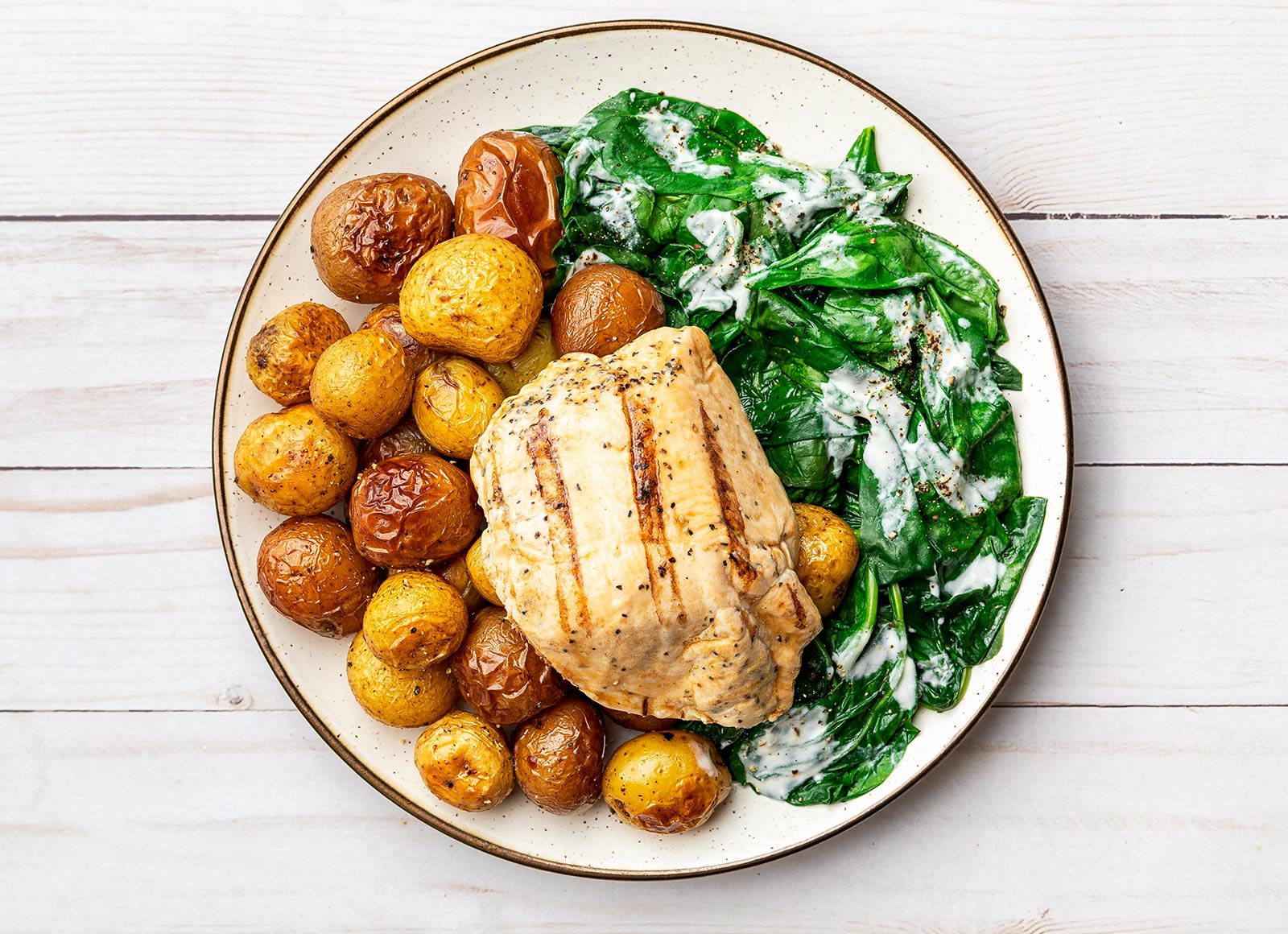 Grilled Seasoned Chicken Breast + Creamy Alfredo Baby Spinach