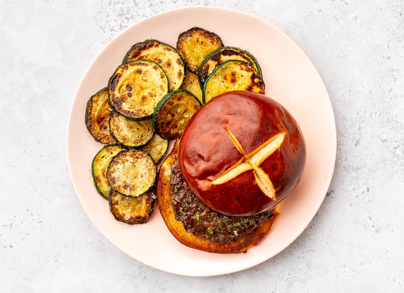 Ranch Burger on Pretzel Bun + Zucchini with Ground Beef Patties