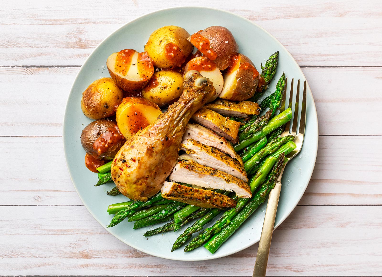 Roast Chicken with Hickory Potatoes + Asparagus