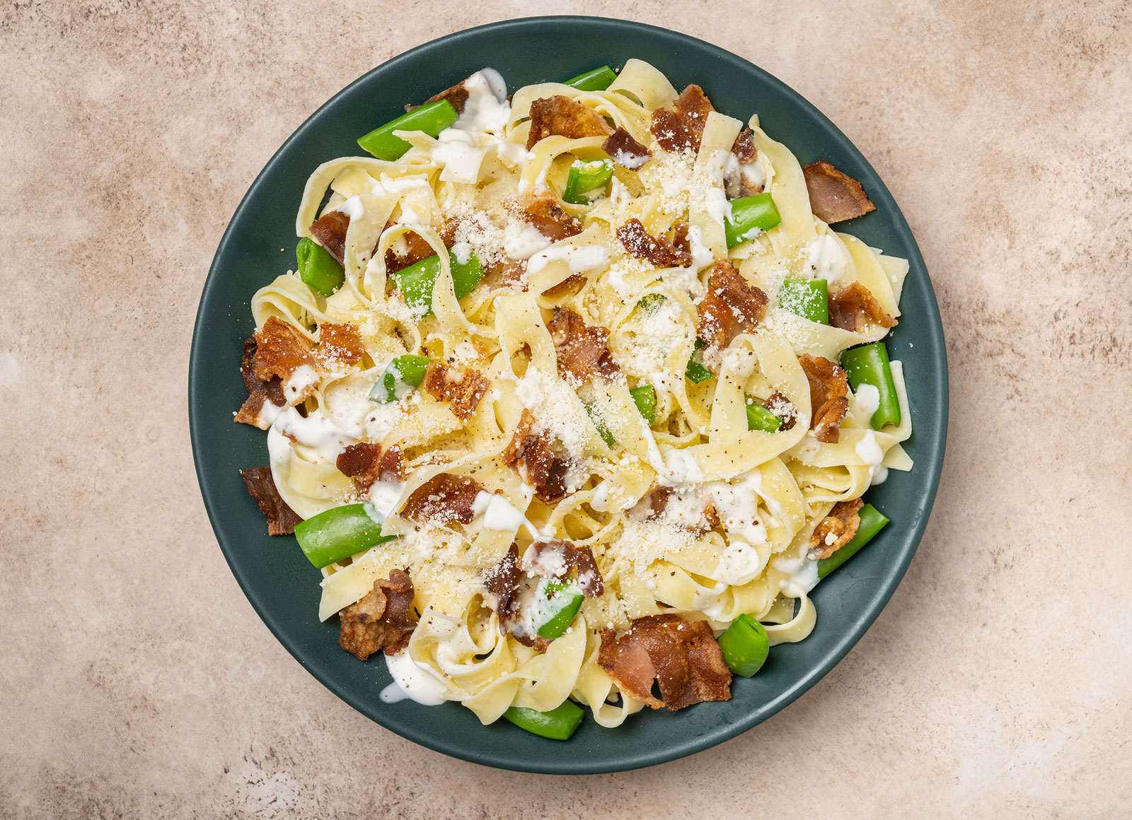 Creamy Pea + Applewood Smoked Pork Bacon Tagliatelle