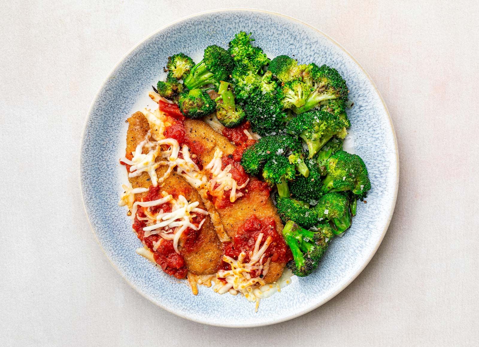 Plant-Based Chicken Parm Tenders with Broccoli Florets