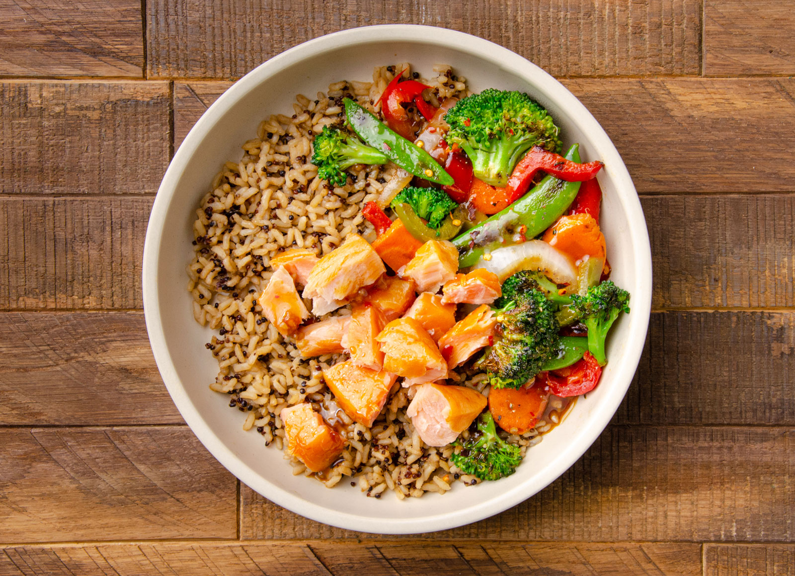 Sesame Ginger Smoked Salmon + Stir-Fry Veggie Bowl