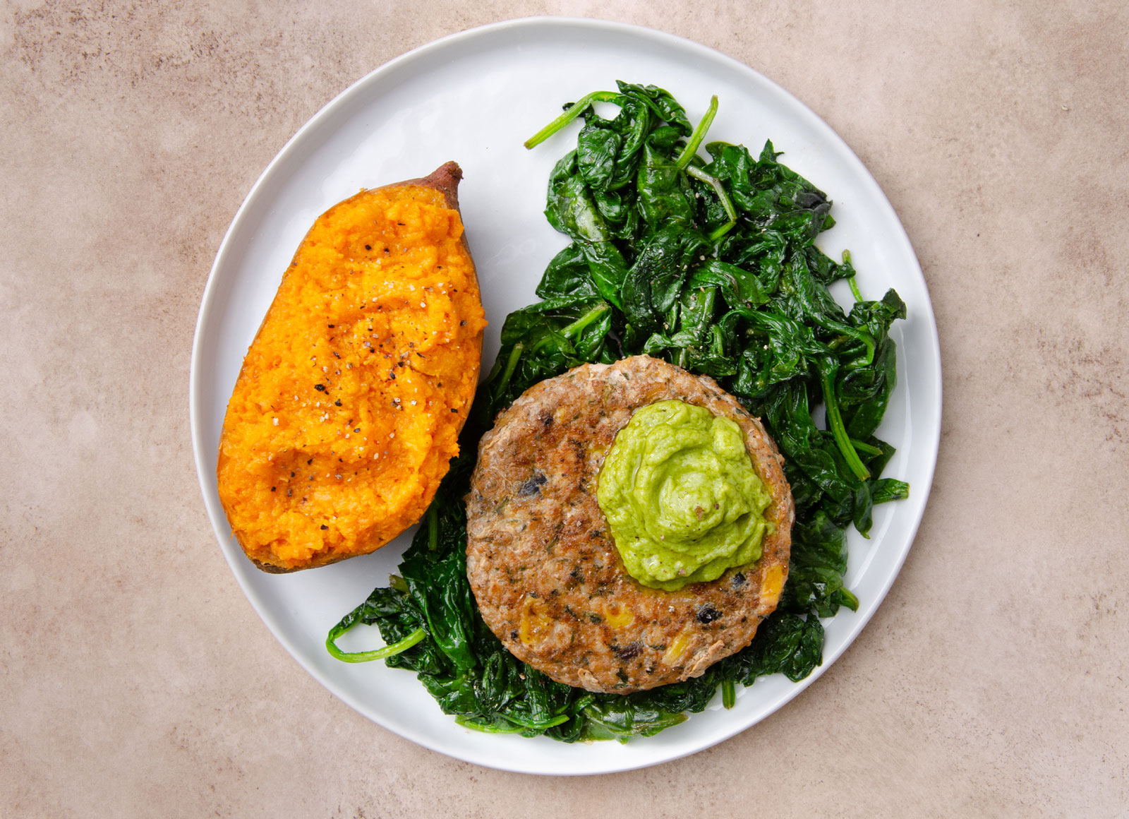 Southwest Style Chicken Patty + Sweet Potato Plate with Baby Spinach